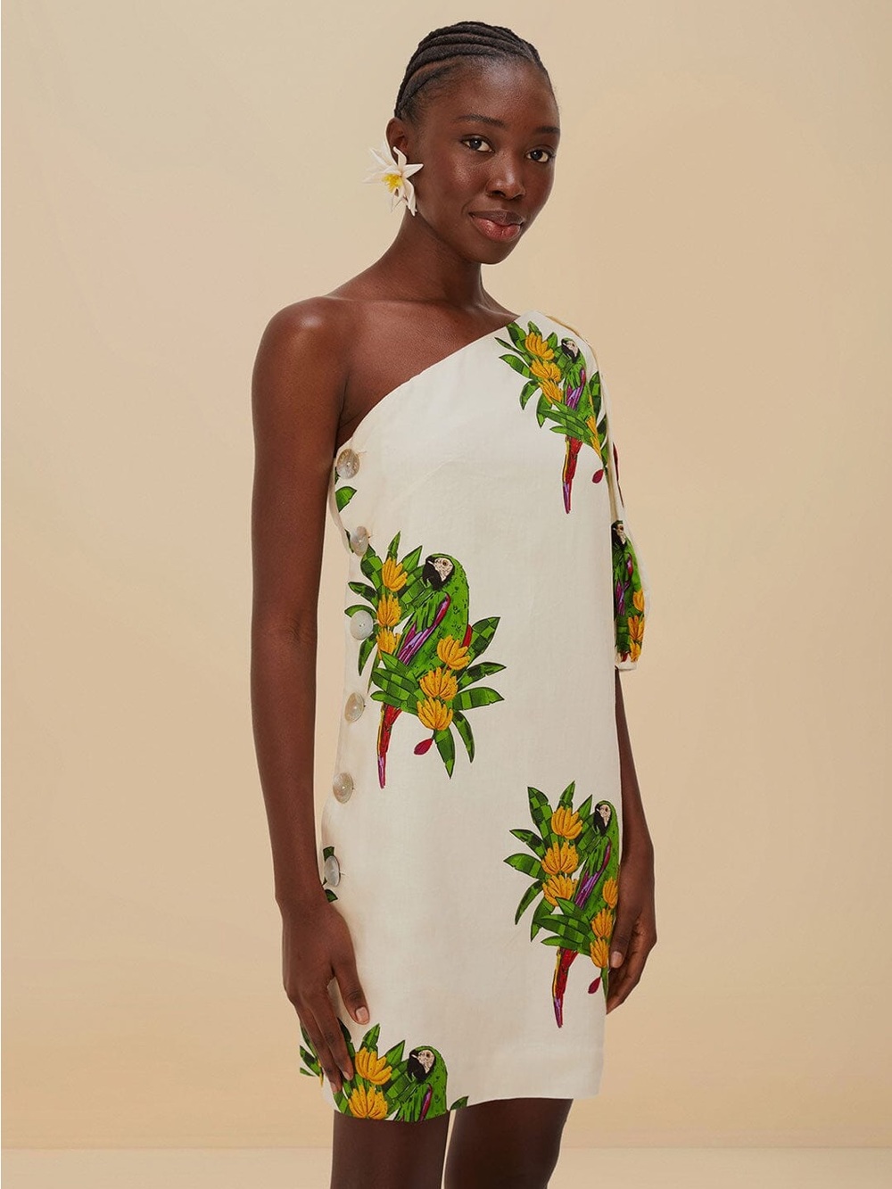 FARM Rio White One-Shoulder Parrot Print Mini Dress